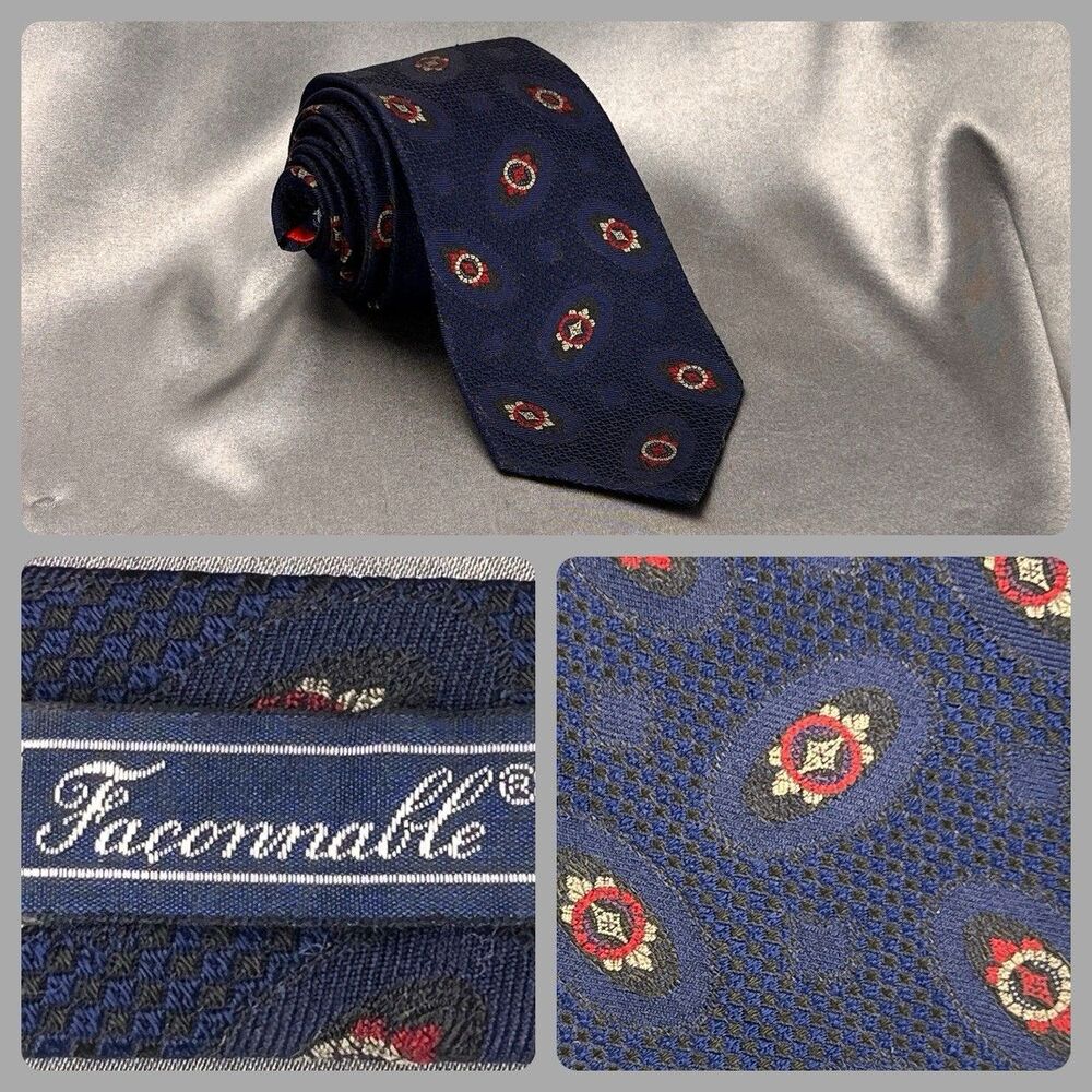 FACONNABLE Men’s Neck Tie Hand Made 100% Silk France‎ Geometric Navy Red Wedding